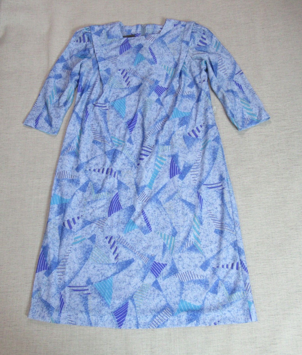 Vintage Signor California Dress Womens L Blue Geometric 3/4 Sleeve Retro 70s 80s